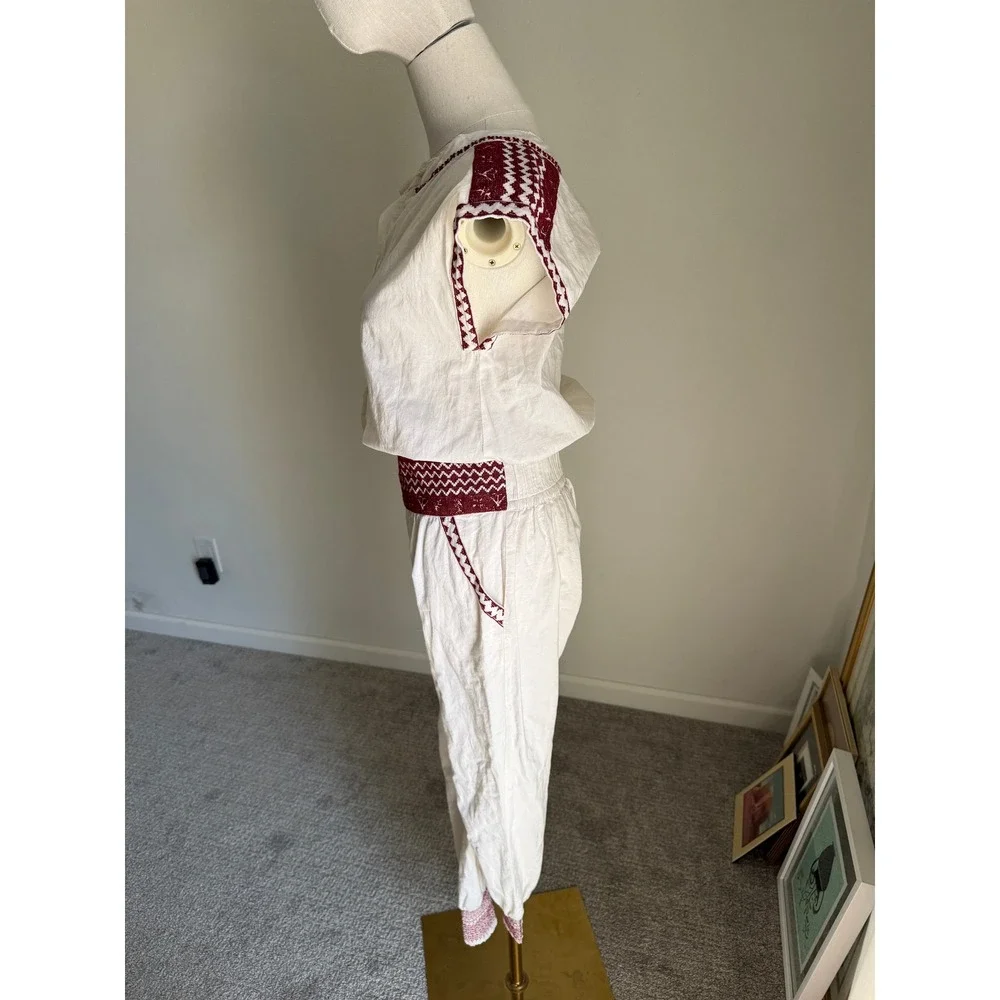 Flannel Austrailia Burgundy Cream Embroidered Cotton Jumpsuit Boho Chic Small - Picture 6 of 15